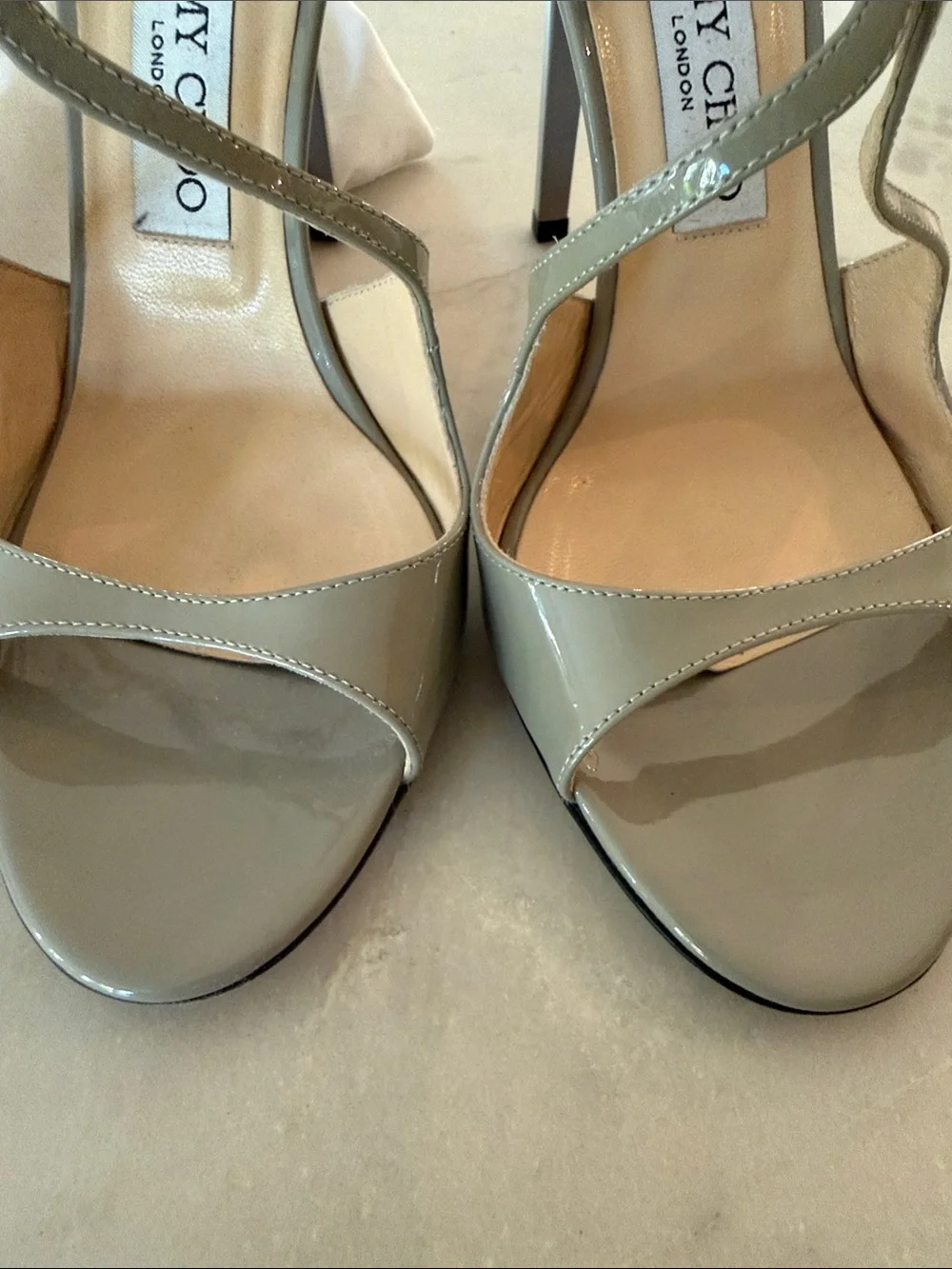 Jimmy Choo Light Grey Patent Leather Strappy Heels